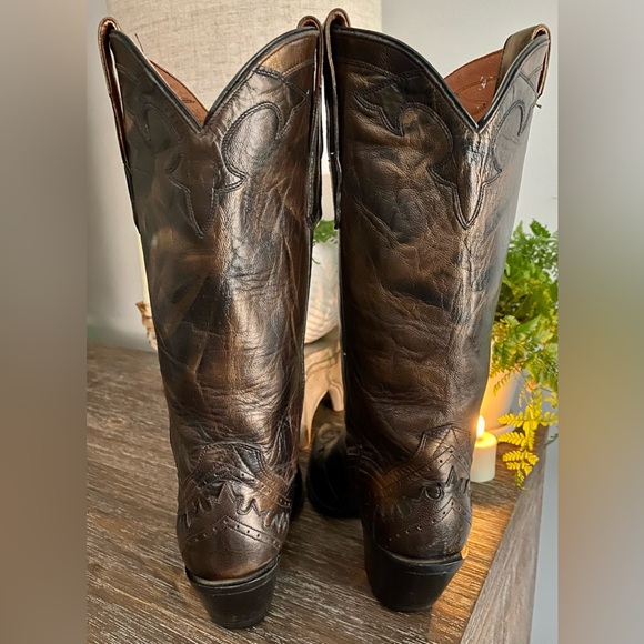 Vintage Dan Post Womens 8.5M Leather Cowboy Boots Snip Toe Metallic Bronze Brown - Picture 8 of 9